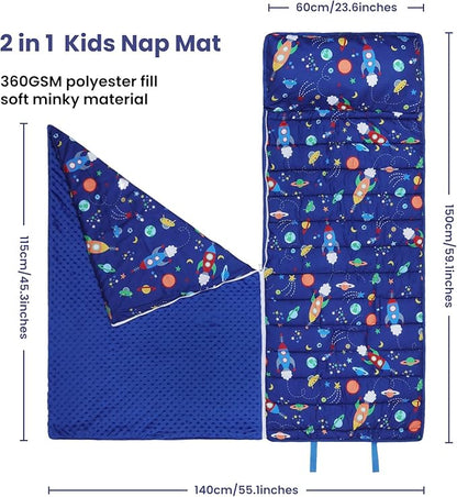 Kids Sleeping Bag Nap Mat with Removable Pillow and Blanket,Extra Thick Large 2 in 1 Slumber Bags for Boys Girls,Toddler Nap Mat for Preschool Daycare Travel Camping