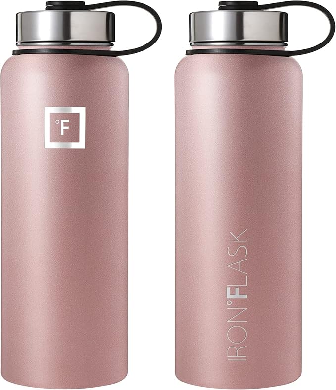 IRON °FLASK Camping & Hiking Hydration Flask, Wide Mouth, 3 Straw Lids, Stainless Steel Outdoor Water Bottle, Double Walled, Insulated Thermos, Metal Canteen - Rose Gold, 40 Oz