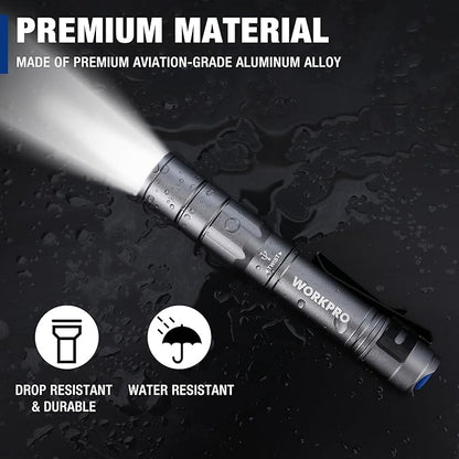 WORKPRO Rechargeable Pen Light, Mini Flashlight, 2 Pack Ultra-Compact EDC Flashlight, Pocket Flashlight with Clip, Memory Function and 2 x USB C Cable Included, Gray
