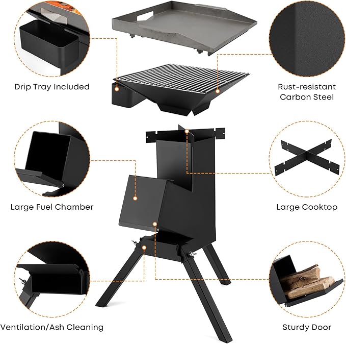 Stanbroil 3 in 1 Rocket Stoves with Grill Rack, Griddle and Pot Cooking Stand, Heavy Duty Wood Burning Stoves for Cooking, Camping wood Stove Kit for Off-Grid Supply, Outdoor Grilling Cooking Event