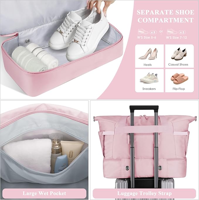 ETRONIK Gym Bag for Women, 47L Carry On Travel Duffel Bag with Shoes Compartment, Weekender Overnight Bag with Wet Pocket & USB Charging Port for Women, Travel, Gym, Weekend, Large Size (Pink)
