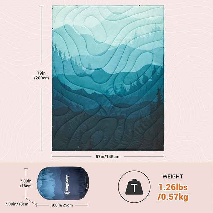 KingCamp Lightweight Camping Blanket - Puffy Printed Warm Camping Quilt with Snap Button - Portable for Travel, Hiking, Stadium, Airplane - 79" x 57" - Cyan