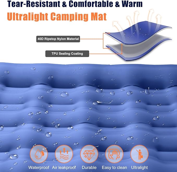 Double Sleeping Pad for Camping, 5 Inch Ultra-Thick Inflatable Camping Pad with Pillow Built-in Pump, Backpacking Camping air mattress 2 Person for Hiking Portable Camping Mat for Traveling Tent,Home