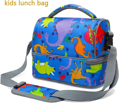 FlowFly Kids Double Decker Cooler Insulated Lunch Bag Large Tote for Boys, Girls, Men, Women, With Adjustable Strap, Dinosaur
