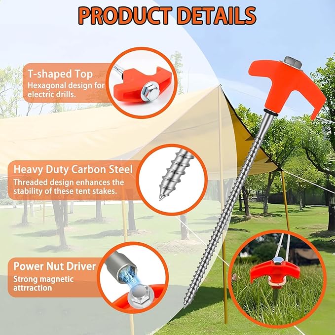 4 Pack 8" Screw in Tent Stakes Heavy Duty Ground Anchors, Tent Pegs Metal Tent Spikes Camping Tent Stakes with Hex Head Driver & Nail Extractor for Outdoor, Camping, Canopy, Gardening, Beach