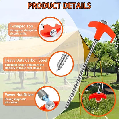 4 Pack 8" Screw in Tent Stakes Heavy Duty Ground Anchors, Tent Pegs Metal Tent Spikes Camping Tent Stakes with Hex Head Driver & Nail Extractor for Outdoor, Camping, Canopy, Gardening, Beach
