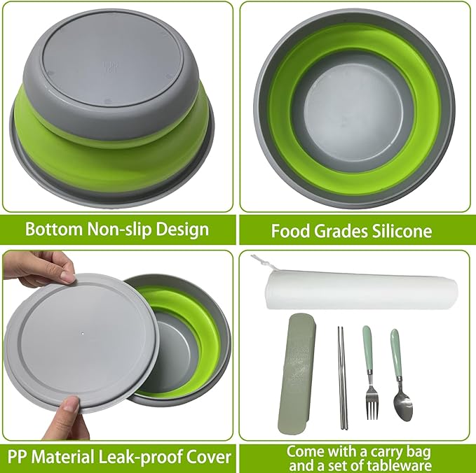 RMAMSCOV Camping Bowl, 3 PCS Food Grade Silicone Collapsible Bowl Lunch Box Salad Bowl with Lid, Expandable Food Storage Containers Set with Free folding tableware and storage bag (Green)
