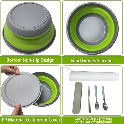 RMAMSCOV Camping Bowl, 3 PCS Food Grade Silicone Collapsible Bowl Lunch Box Salad Bowl with Lid, Expandable Food Storage Containers Set with Free folding tableware and storage bag (Green)