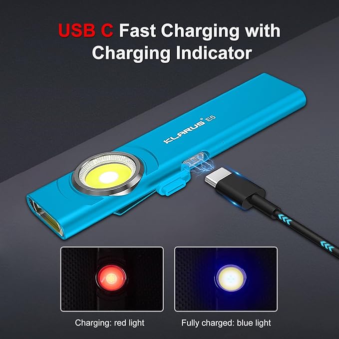 klarus E5 Pocket Flashlight, Rechargeable EDC Flashlight, Super Slim Flat 4.2x1x0.3inch, 470 Lumens, USB-C Port, IPX4, Dual Light Source with Magnetic Base, Hat & Clothes Clip - Blue