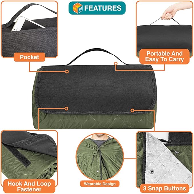 SUN CUBE Large Waterproof Camping Blanket, Fleece Quilted Stadium Blanket for Cold Weather, Windproof Foldable Outdoor Blanket Mat for Picnic, Beach, Pets, Car, 60x80in