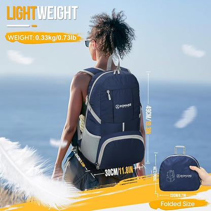 ZOMAKE Lightweight Packable Backpack 35L - Light Foldable Backpacks Water Resistant Collapsible Hiking Backpack - Compact Folding Day Pack for Travel Camping(Navy Blue)
