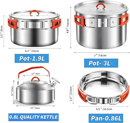 Camping Cookware Set,Camping Cooking Set,304 Stainless Steel Camping Pots and Pans Set,Camping Gear for Hiking Outdoor Cooking Picnics for 2-4 People