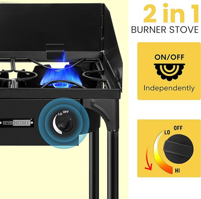VIVOHOME Double Burner Stove 150,000 BTU/hr, Heavy Duty Outdoor Dual Propane with Windscreen and Detachable Legs Stand for Camping Cookout