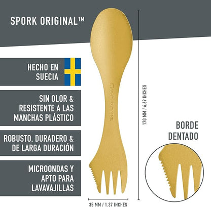 Light My Fire Spork Original 3-in-1 Camping Spoon Fork Knife Combo Reusable Travel & Camping Utensils Lunch Spork Outdoor Backpacking Hiking Picnic Utensil BPA Free, 2-Pack Yellow/Blue