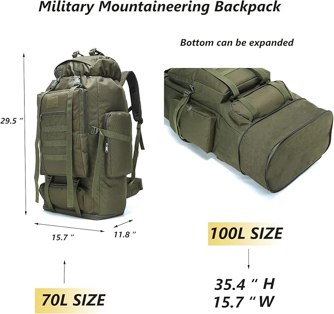 100L Hiking Camping Backpack Tactical Backpack for Men and Women Large Survival Hunting Waterproof Backpack Molle Rucksack Military Camping Backpacking Daypack Army Green