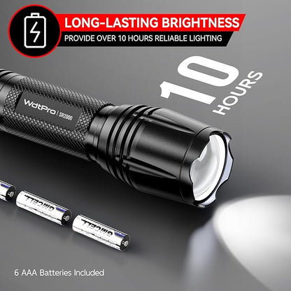WdtPro LED Flashlight High Lumens SR2000 Pro - 2 Pack Brighter Tactical Flashlights with 5 Modes & Zoomable - Powerful Mini Flash Light for Emergency, Camping, Hiking