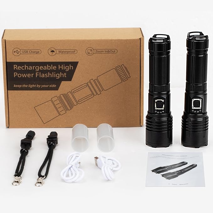 Flashlights High Lumens Rechargeable 2 Pack, 990000 Lumen Super Bright Led Flashlight with USB Cable, IPX7 Waterproof, 5 Modes Powerful Handheld Flash Light for Home Camping Emergency