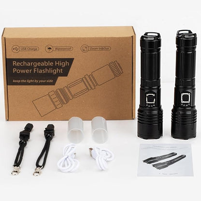 Flashlights High Lumens Rechargeable 2 Pack, 990000 Lumen Super Bright Led Flashlight with USB Cable, IPX7 Waterproof, 5 Modes Powerful Handheld Flash Light for Home Camping Emergency