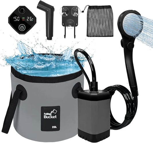 Portable Camping Shower, 6000mAh Rechargeable Electric Shower Pump with 20L Foldable Bucket, Outdoor Shower Kit for Camping, Beach, Hiking, RV Travel, Pet Bath, Car Washing