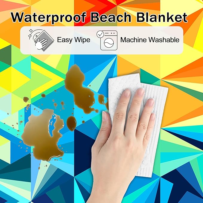 Colorful Beach Blanket Waterproof Sandproof, 78”x 86” Large Sand Free Beach Mat with Stakes & Portable Bag, Big Flodable Compact Outdoor Pockets Picnic Blanket for Festival, Camping - Triangle Blocks