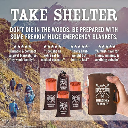 Don't Die In The Woods - Freakin’ Huge Emergency Blankets [4-Pack] Extra-Large Thermal Mylar Space Blankets with Ripstop Nylon Stuff Sacks + Carabiner Zipper Pack [Survival Orange]