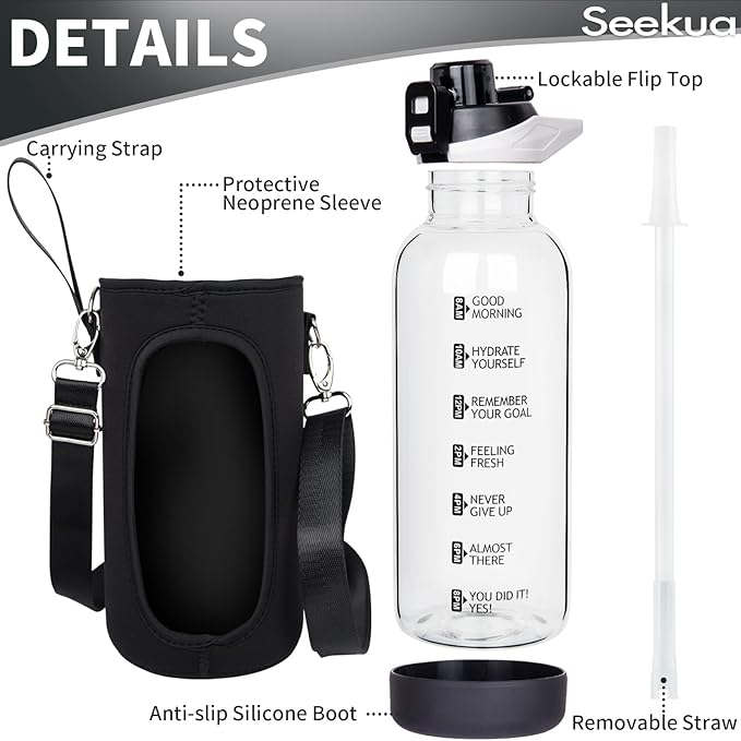 48 oz Large Sports Glass Water Bottle with Straw & Time Marker, Motivational Daily Glass Drinking Bottle with Strap for Fruit Infused Water, Smoothie, Coffee