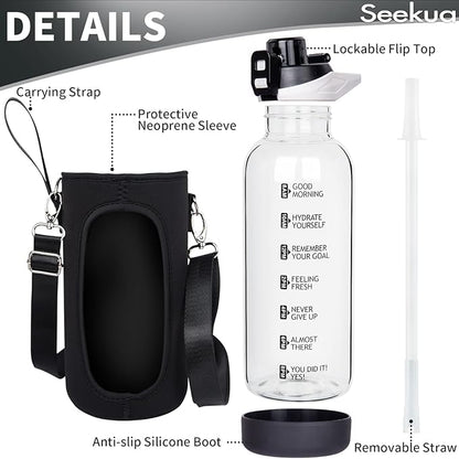 48 oz Large Sports Glass Water Bottle with Straw & Time Marker, Motivational Daily Glass Drinking Bottle with Strap for Fruit Infused Water, Smoothie, Coffee