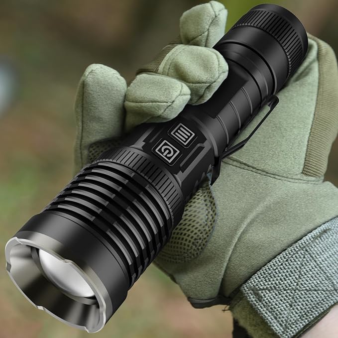 Rechargeable Flashlights High Lumens, 200000 Lumens Flashlights with Clip, Dual Switch IP67 Waterproof Super Bright LED Tactical Flashlight, USB Recharging LED Flashlights for Camping Home