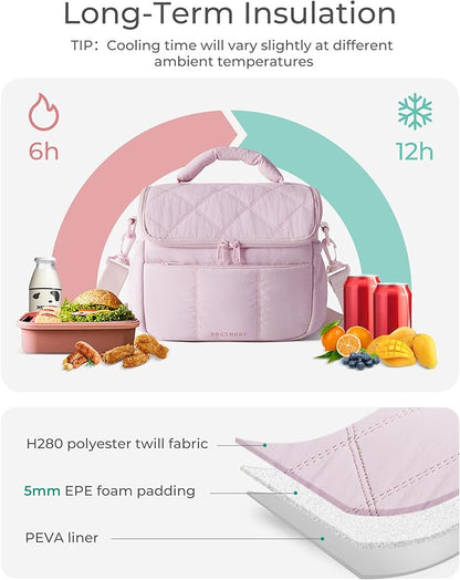 BAGSMART Insulated Lunch Bags for Women, Cute Quilted Lunch Box, Lightweight Puffy Padded Waterproof Lunch Tote, Reusable Lunch Cooler for Work Picnic Travel, Light Blue