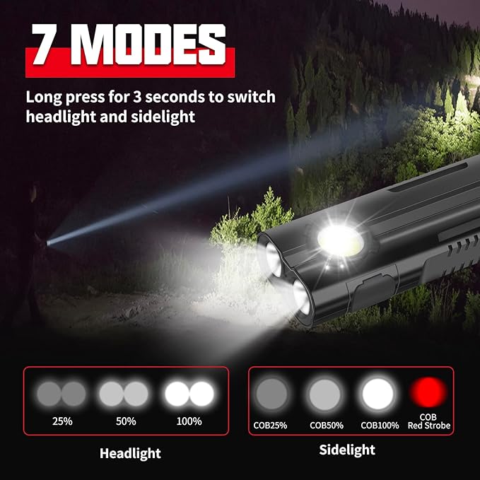 Flashlight Rechargeable High Bright 1000 Lumen with COB Work Light Magnetic Base and Pocket Clip IPX4 Waterproof for Car Repairing Camping Hiking Emergency