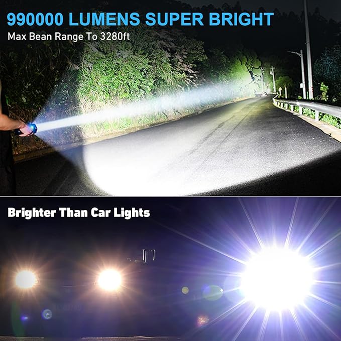 Cinlinso Flashlights High Lumens Rechargeable, 990,000 Lumens Super Bright Led Flashlight, 7 Modes with COB Light, IPX6 Waterproof, Handheld Powerful Flash Light for Hu∩ting, Camping, Emerge∩cies
