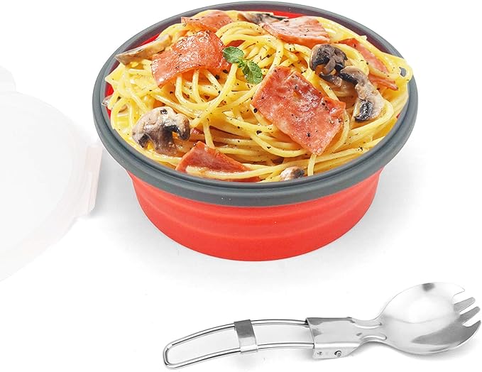 1200ml Collapsible Camping Bowl Silicone Food Storage Container with Lid and Foldable Stainless Steel Fork Spoon, for Picnic, Travel, Camping, RV, Fridge and Microwave Bowls