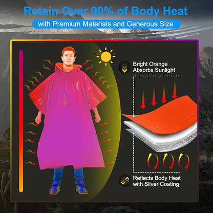 Emergency Poncho (4 Pack), Emergency Blanket (2 Pack) with Mylar Blanket Liner, Much Larger and Thicker Survival Blanket