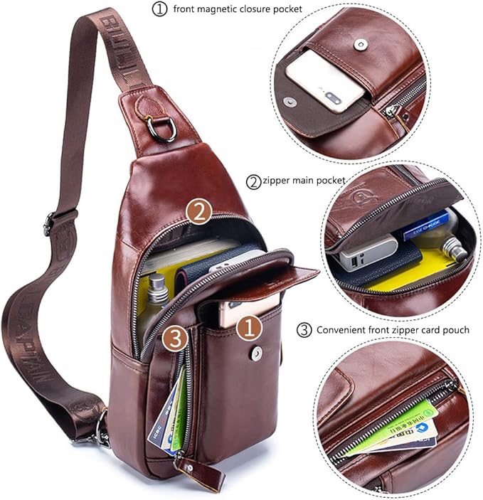 KPYWZER Leather Sling Bag Hiking Daypack for Men Women Outdoor Travel Camping Fishing Crossbody Shoulder Chest Pack Backpack Daypack Brown
