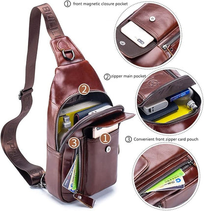 KPYWZER Leather Sling Bag Hiking Daypack for Men Women Outdoor Travel Camping Fishing Crossbody Shoulder Chest Pack Backpack Daypack Brown