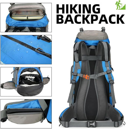 70L Camping Hiking Backpack with Rain Cover Waterproof Backpacking Backpack for Hiking Treeking Climbing Outdoor (Blue)