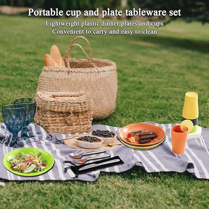Camping Utensils Mess Kit, Including Camping Spoon, Fork, Knife, Plate and Cup Packed in a Portable Bag, Easy to Carry, Dishwasher Safe