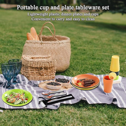 Camping Utensils Mess Kit, Including Camping Spoon, Fork, Knife, Plate and Cup Packed in a Portable Bag, Easy to Carry, Dishwasher Safe