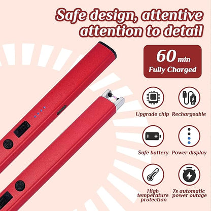 2 PCS Candle Lighter,Windproof Flameless Electric Lighter with LED Power Display ＆ Safety Switch, Upgraded Plasma USB Rechargeable Lighter for Birthday Camping BBQ （Red）