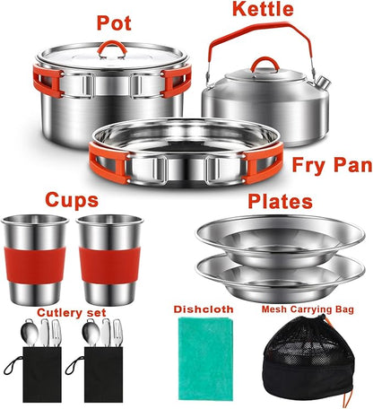 Camping Cooking Set,Camping Cookware Mess Kit,304 Stainless Steel Camping Pot and Pan Set with Kettle Cups Plates Forks Knives Spoons for Camping, Picnic, RVs for 2 People