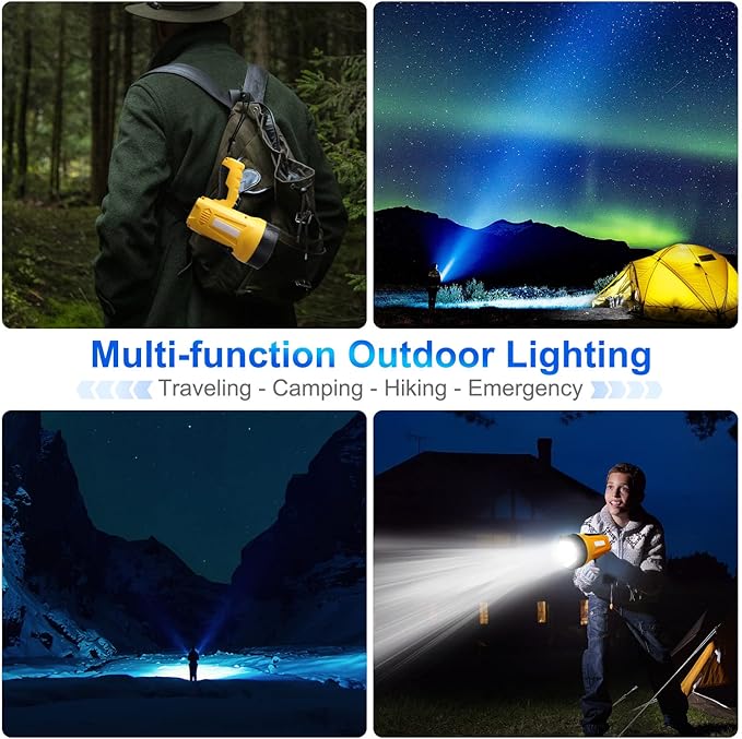 10000 Lumen Rechargeable Ultra Bright LED Spotlight Flashlight, High Powered Work Light + Collapsible Tripod - Perfect for Camping, Hiking, Hunting, Emergencies & Outdoors