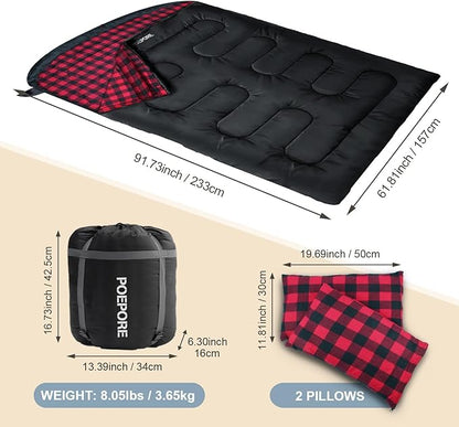 Double Sleeping Bag Flannel for Adults with 2 Pillows 2 Person Sleeping Bags Camping XXL Queen Size Two Person Sleeping Bag for Cold Weather