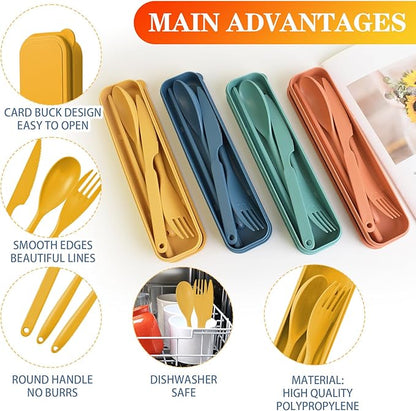 Reusable Utensils Set with Case, 4 Sets Large Plastic Travel Cutlery Set with Chopsticks, Portable Fork Spoons Knife Set Lunch Box Utensil Set for Adults Camping Picnic Use
