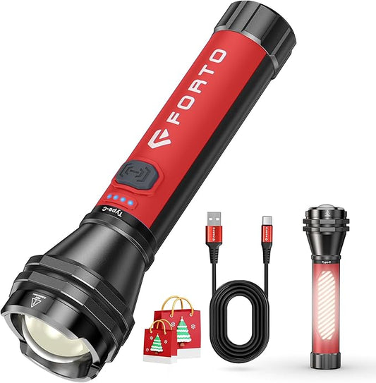 FORTO Flashlight 100000 High Lumens,Super Bright LED Rechargeable Flashlight,Zoomable,Waterproof,4 Modes Flash Light with Side Lights,Handheld Flashlights for Camping,Hiking,Emergency,Home,Red