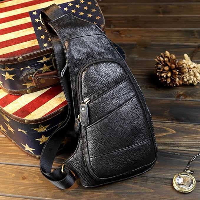KPYWZER Genuine Leather Sling Backpack for Men Women Crossbody Shoulder Chest Bag Day Pack Outdoor Travel Camping Tactical Daypack Black