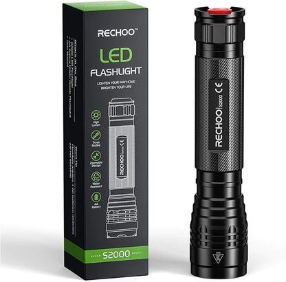 RECHOO S2000 LED Flashlight High Lumens, Super Bright, Powerful, Mid-Size Tactical Flashlight with 3 Modes, Zoomable, Water Resistant Flashlights for Home, Emergencies, Camping, Outdoor Use