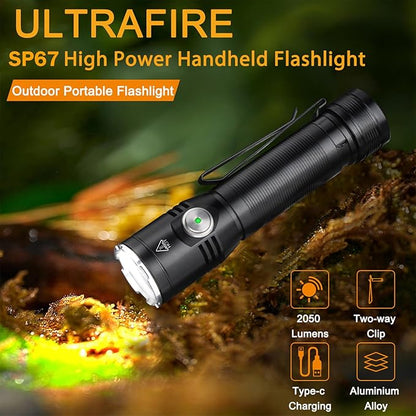ULTRAFIRE SP67 LED Flashlight Rechargeable,2050 High Lumens Mini Flashlight with Holster,6 Modes,USB-C Waterproof Handheld Small Flash Light for Camping, Outdoor, Emergency