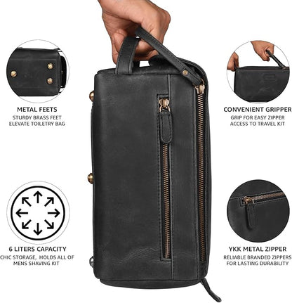LEATHER VILLAGE Premium Leather Travel Toiletry Bag - Unisex Water-Resistant Travel Dopp Kit, Shaving & Cosmetic Organizer for Men & Women - Compact Bathroom Essentials - Distressed Black
