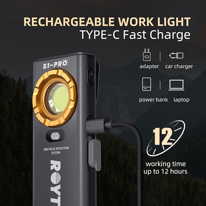 Rechargeable Work Light, 1200 Lumens EDC Slim Flat Flashlight with Magnetic Base&Back,Proximity Sensor,Clip for Pocket, Small Portable for Car Repairs/Inspection/Travel/Hiking/Emergency/Camping