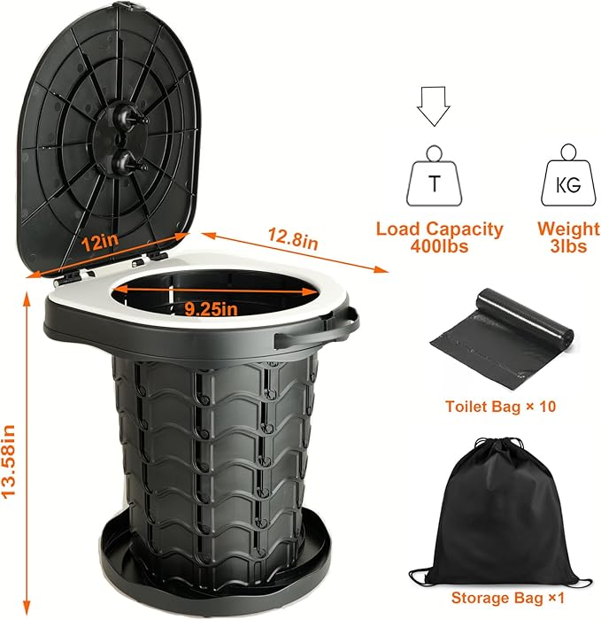 Portable Toilet, Boreeman Camp Toilet, Foldable and Height Adjustable, Load Capacity 400lbs, with Carrying Handle, Luggable Loo Portable Toilet, Perfect as Camping Toilet, Travel Toilet, Car Toilet